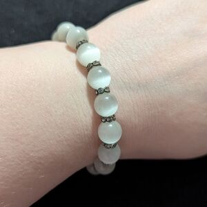 Silver Tone Clear Rhinestone White Selenite Gemstone Beaded Stretchy Bracelet
